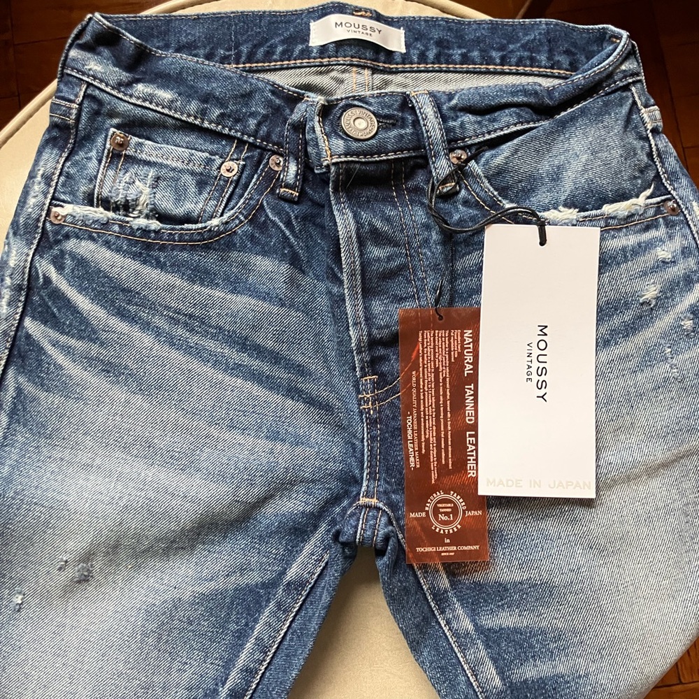 New Moussy Vintage Keller Distressed Tapered Crop Straight Jeans Sz 24 Dk Blue